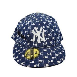 New Era NY YANKEES 59Fifty All Over Logo Baseball Cap Hat Navy Blue Sz 6.75-7